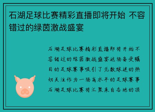 石湖足球比赛精彩直播即将开始 不容错过的绿茵激战盛宴